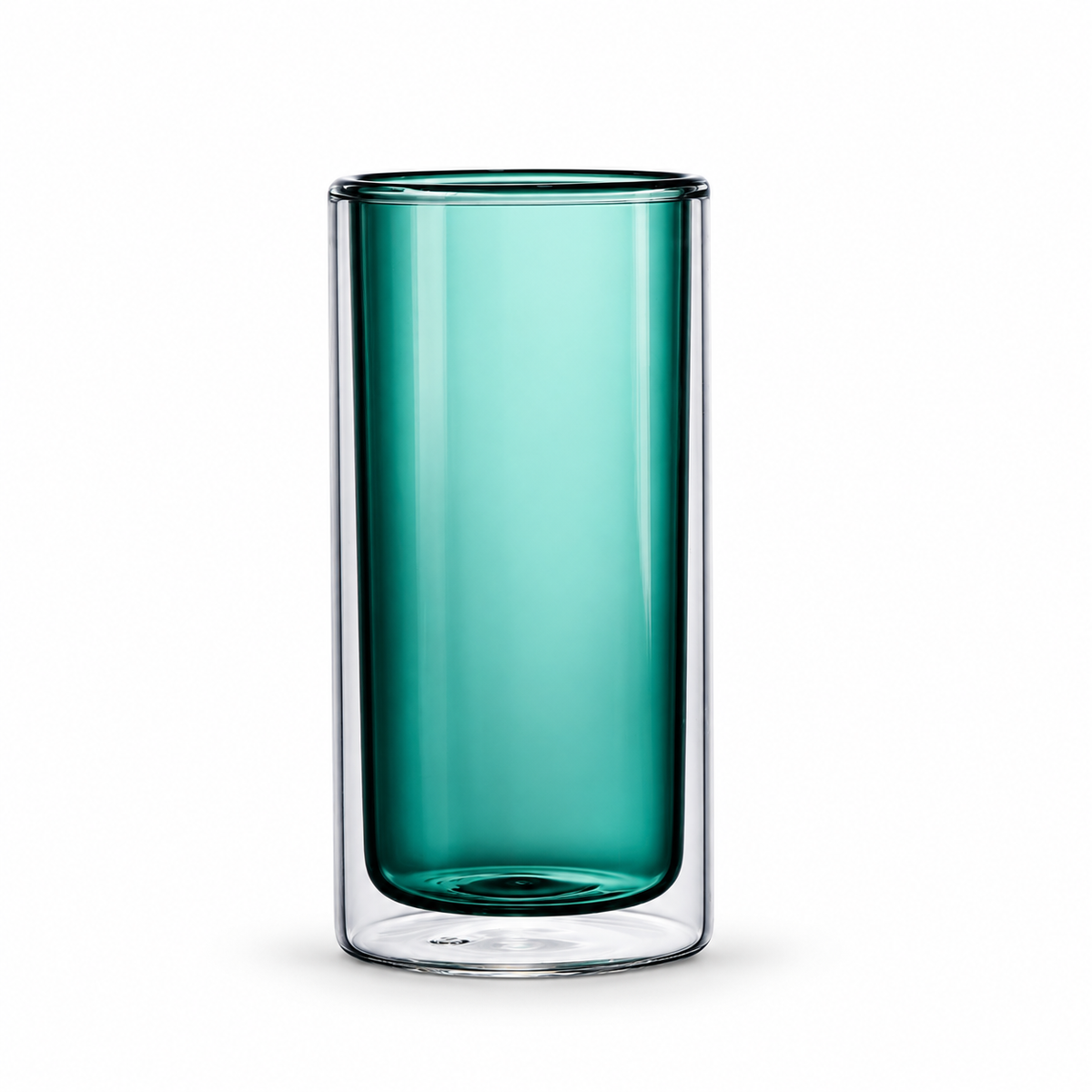 Green-250mL double-wall glass with teal-green inner wall and clear outer wall on white.