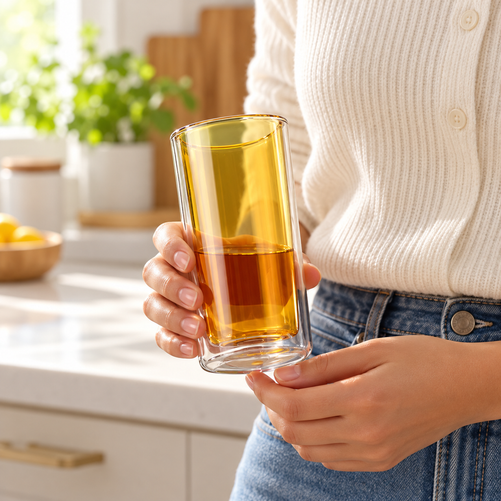 Yellow-250mL double-wall glass held for scale; beverage not included.