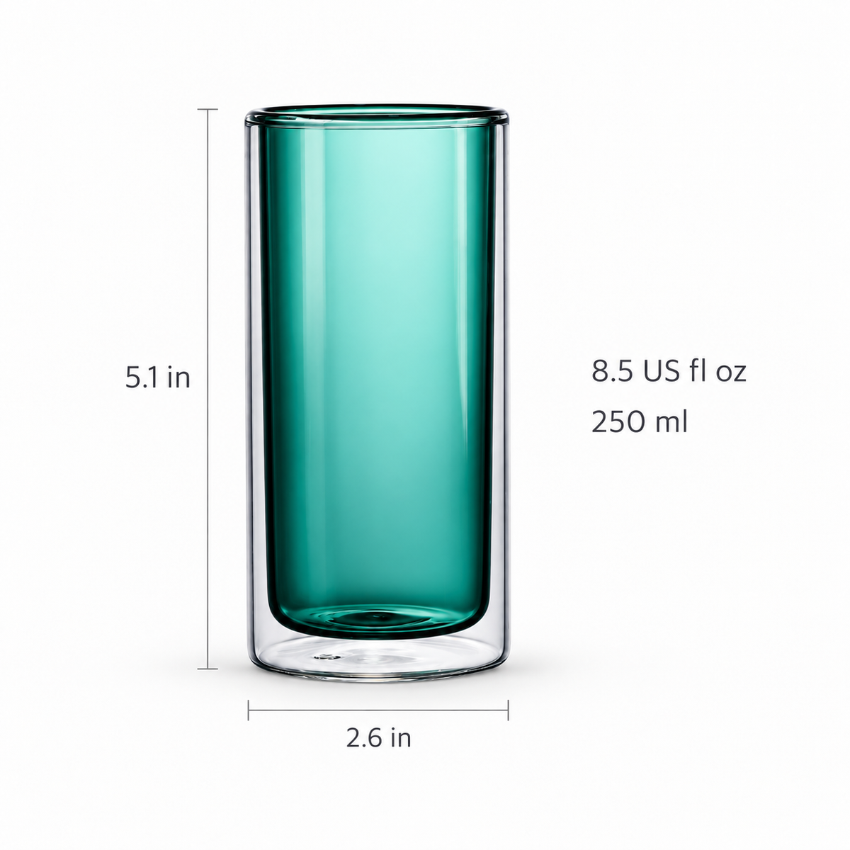 250 ml double-wall glass: approximately 8.5 US fl oz, 5.1 inches high and 2.6 inches diameter, based on supplied specification image.