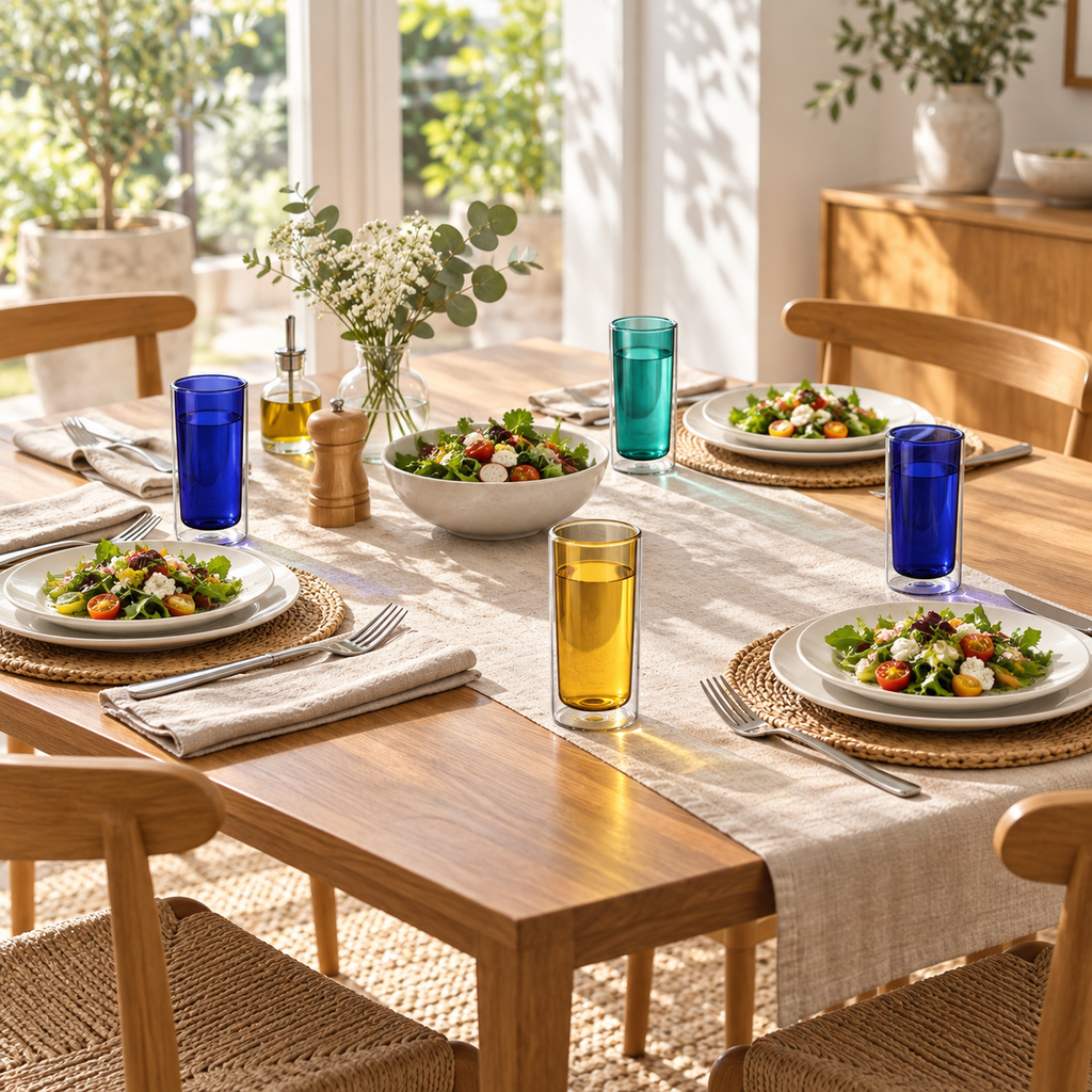 Blue, Green and Yellow 250 ml double-wall glasses styled at a table for four. Sold individually; food and tableware not included.
