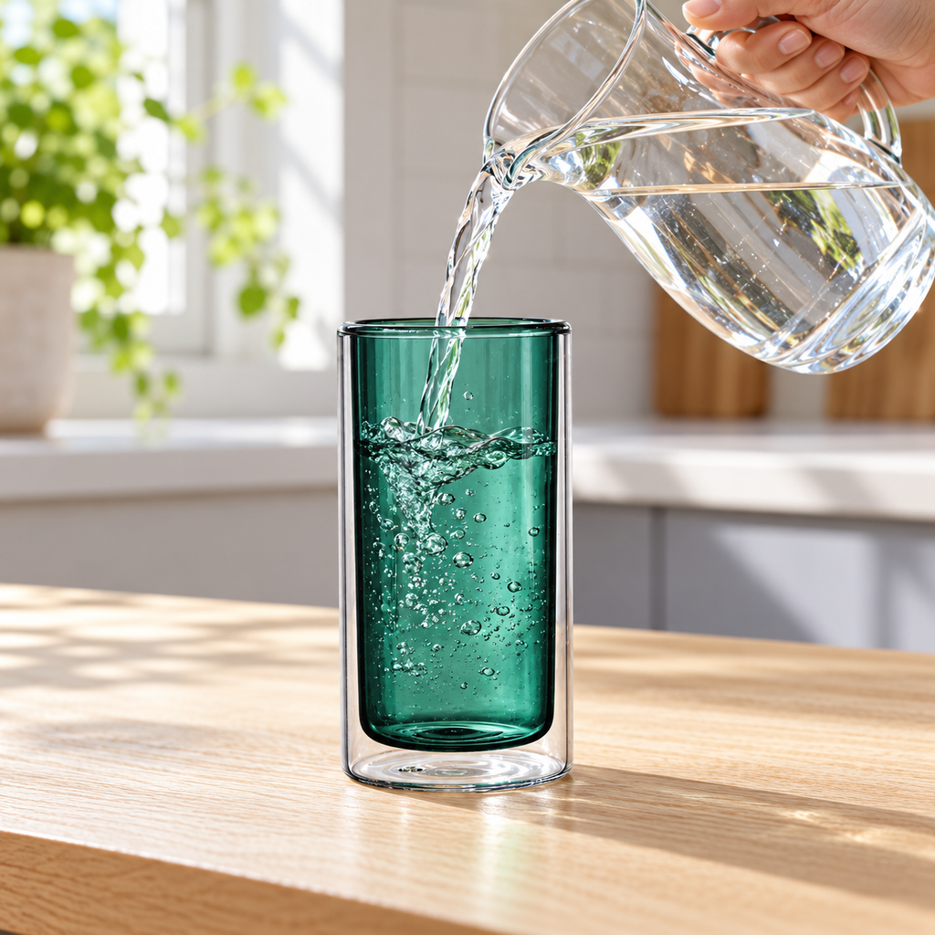 Cool water poured into Green-250mL double-wall glass. Jug is a styling prop.