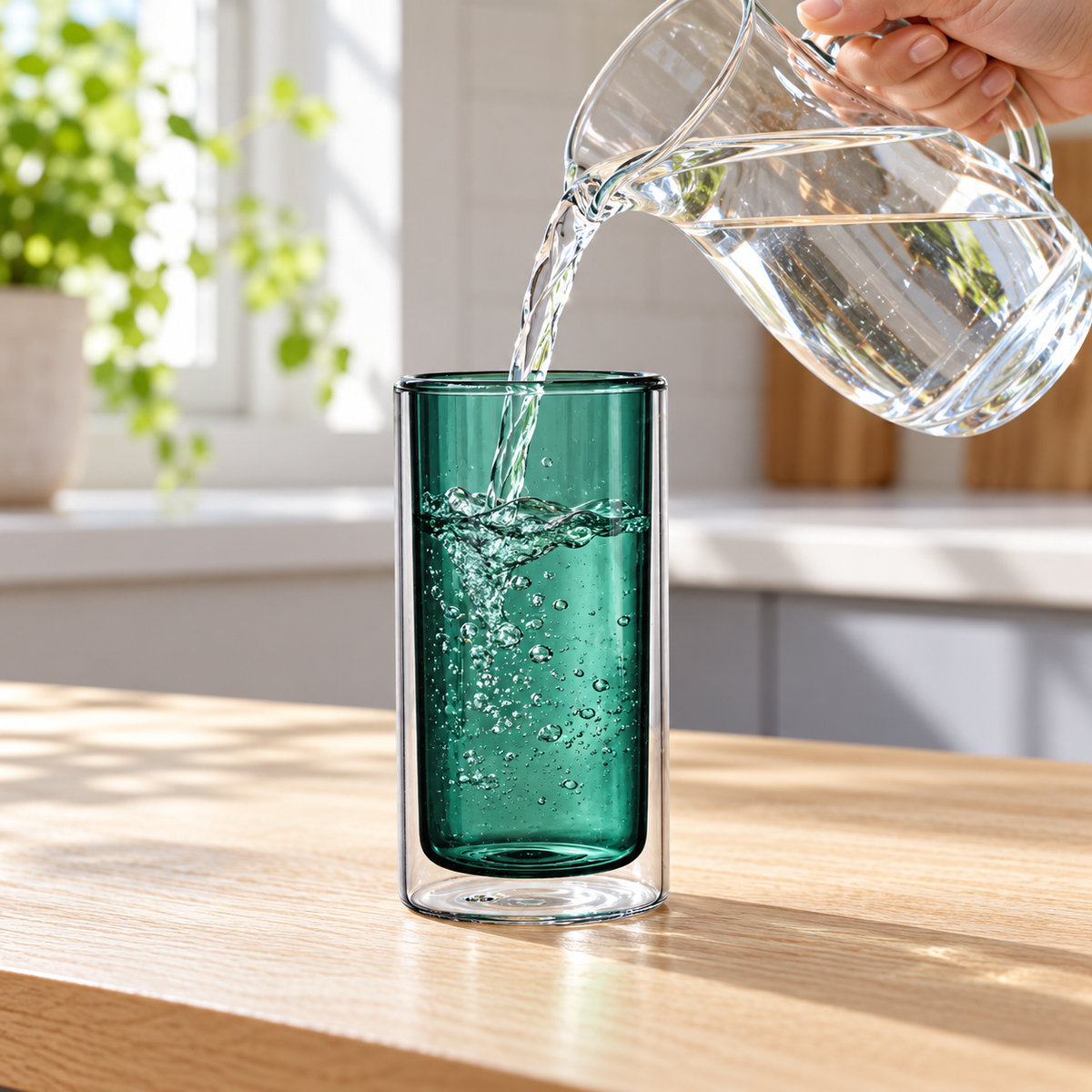 Cool water poured into Green-250mL double-wall glass. Jug is a styling prop.