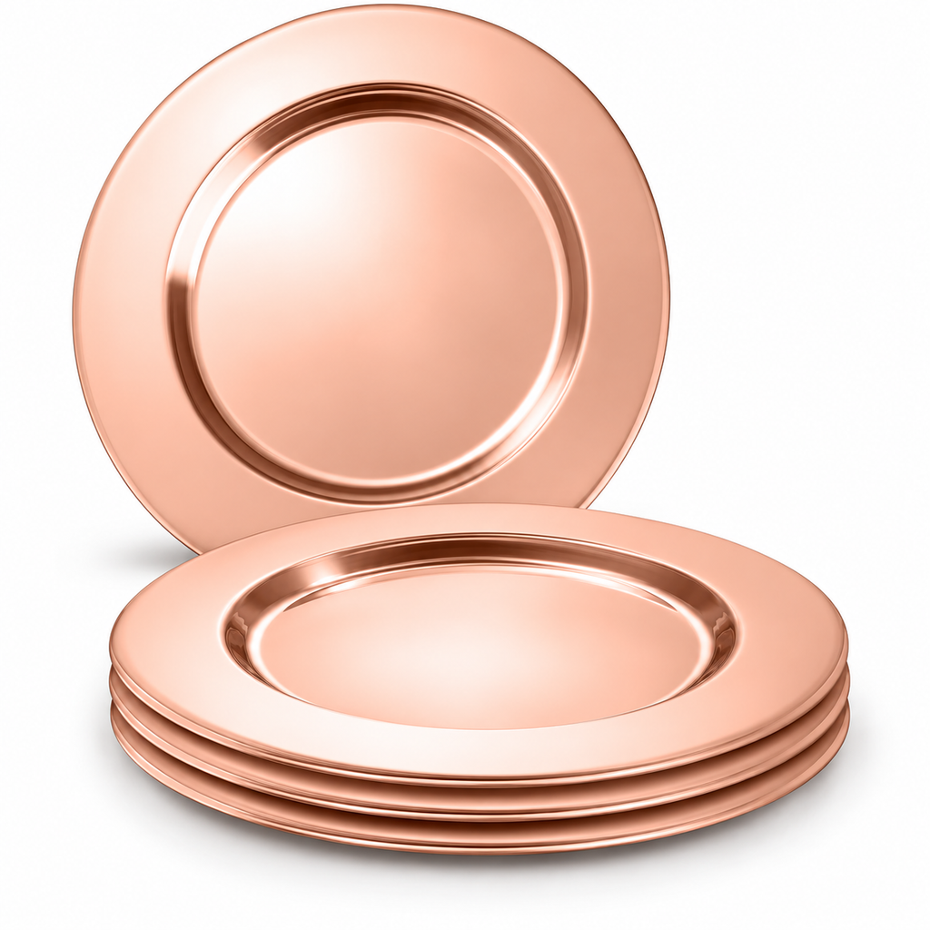 Smooth rose-gold stainless steel chargers on white, showing broad plain rims and recessed centers. Sample arrangement.