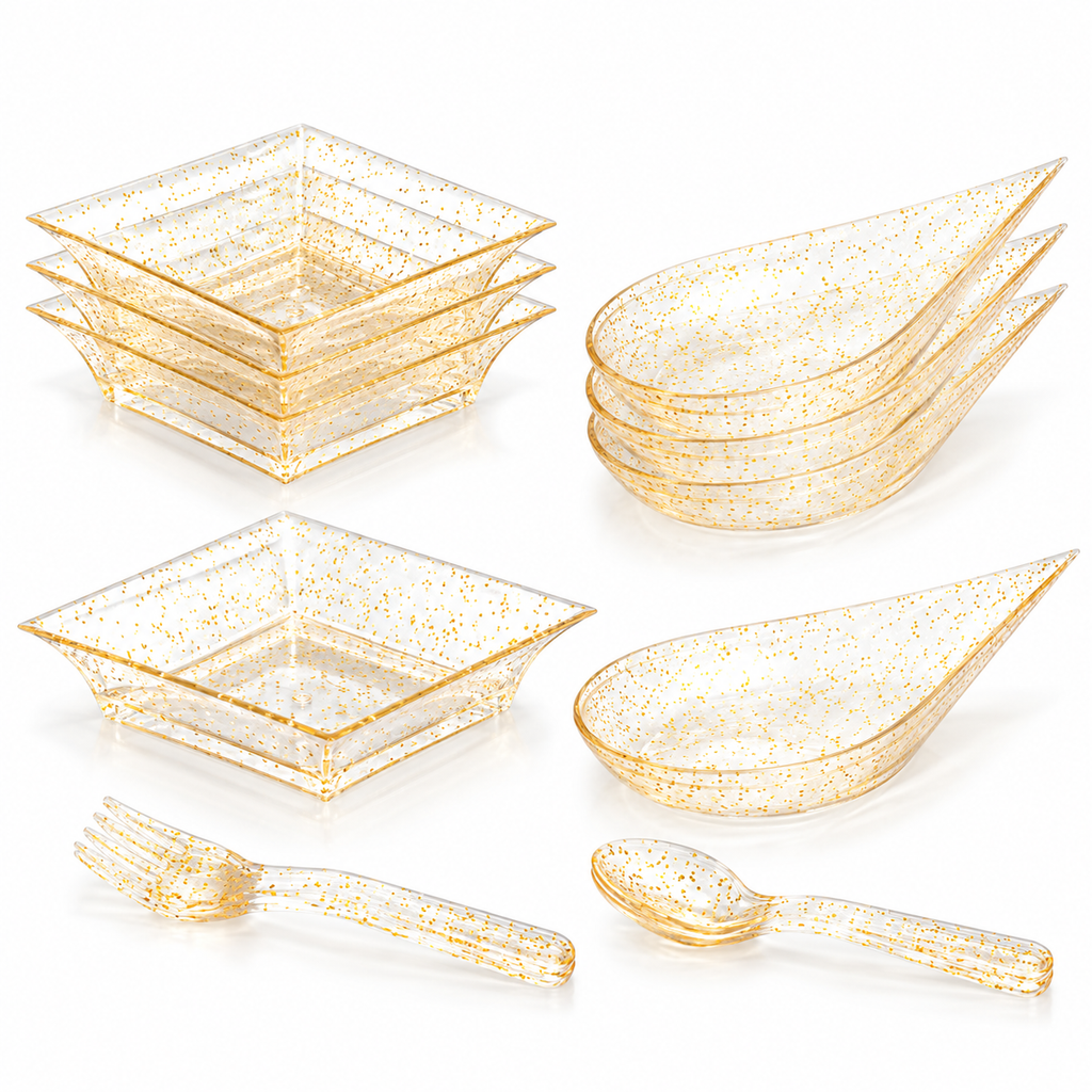 White-background sample assortment of clear gold-flecked square and teardrop mini dishes with matching miniature fork and spoon.