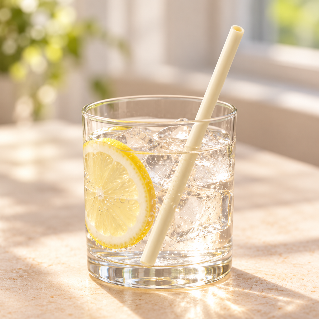 Close use detail of a straight ivory bamboo-fibre straw in a lemon water tumbler. Glass and beverage are styling props, not included.