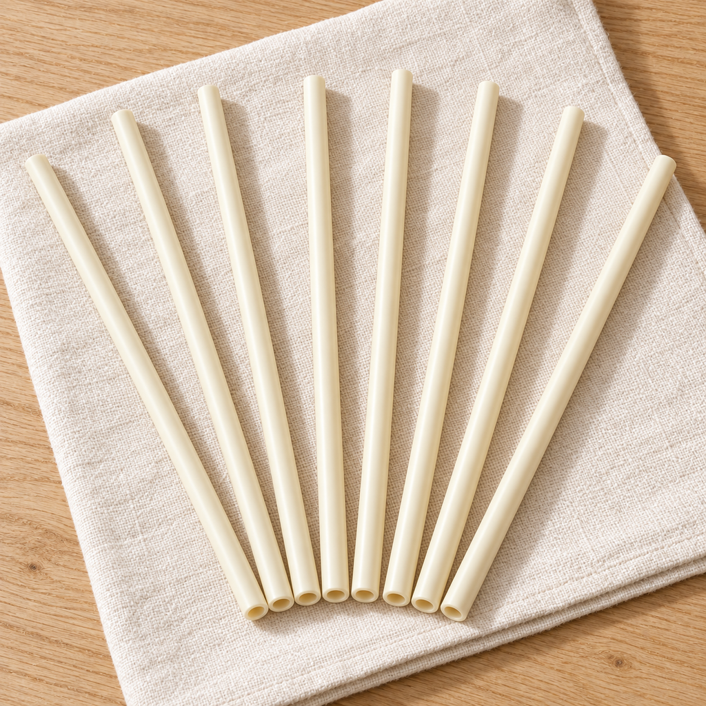 Eight straight ivory bamboo-fibre straws in a fan arrangement on linen. Sample arrangement; linen is a styling prop.