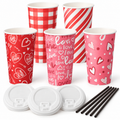 Five Valentine paper cup designs with white lids and dark stirrers; representative components from the 120-set pack.