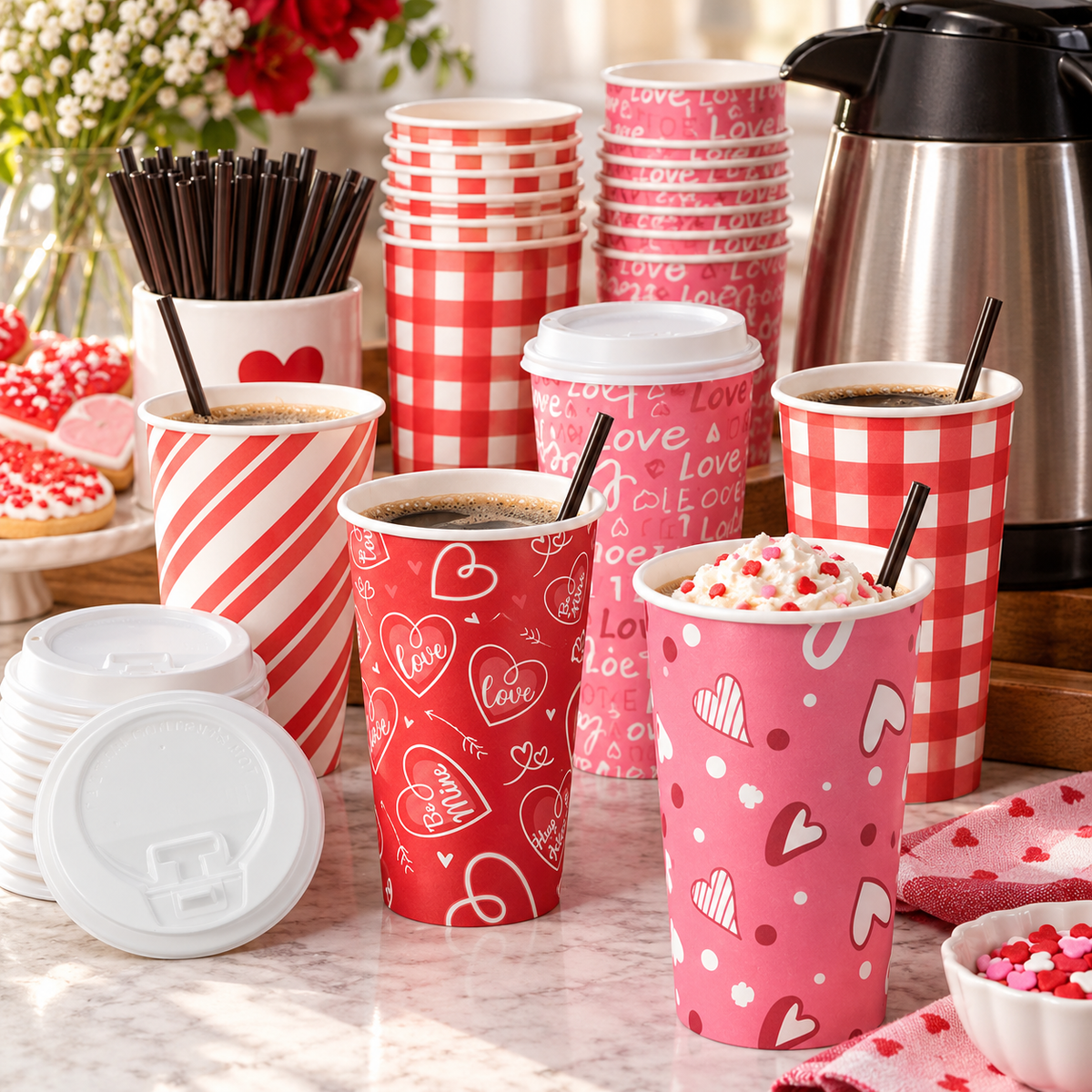 Valentine cup and lid stacks at a coffee station; drinks and styling props not included.