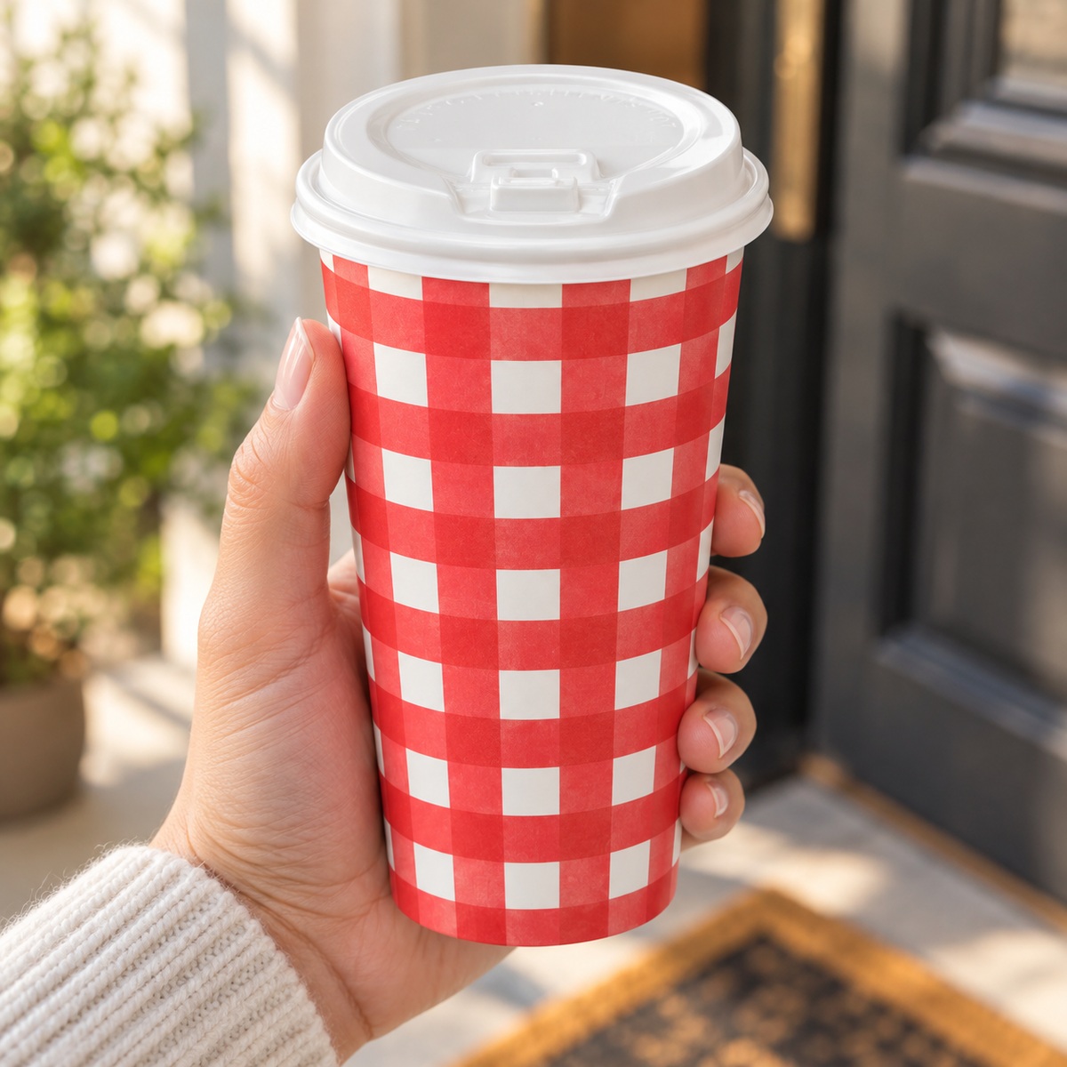 An adult holds a red-and-white check cup fitted with its white lid.
