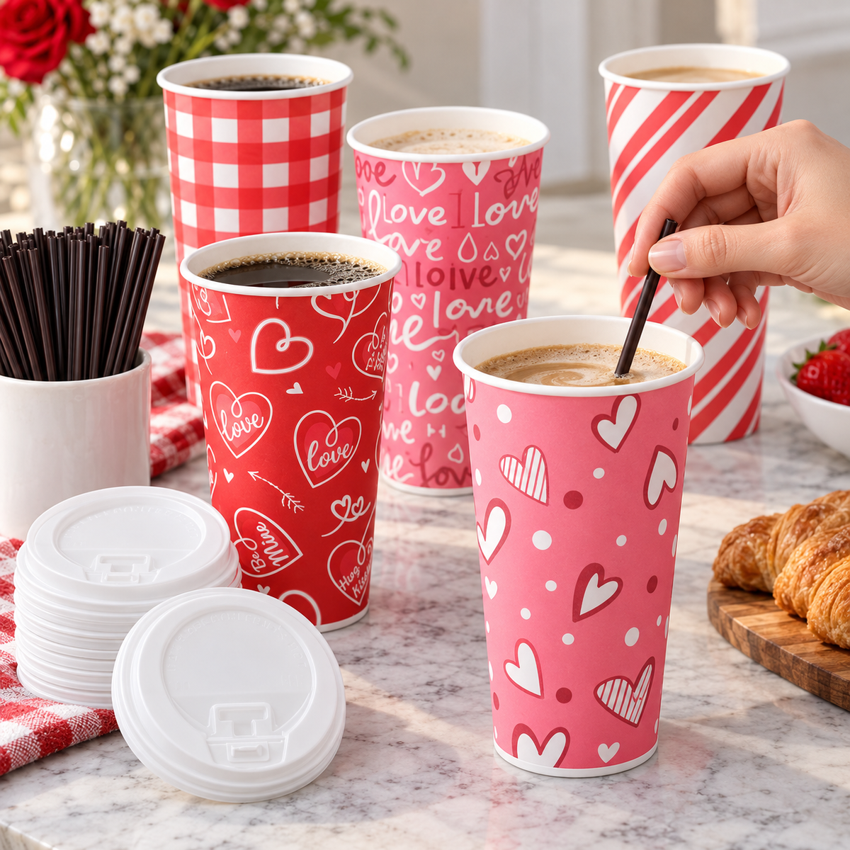 A dark stirrer used in an open pink-heart cup; drink and table props not included.