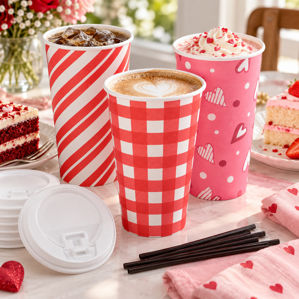 Three Valentine cup patterns at a dessert table with lids and stirrers beside them.