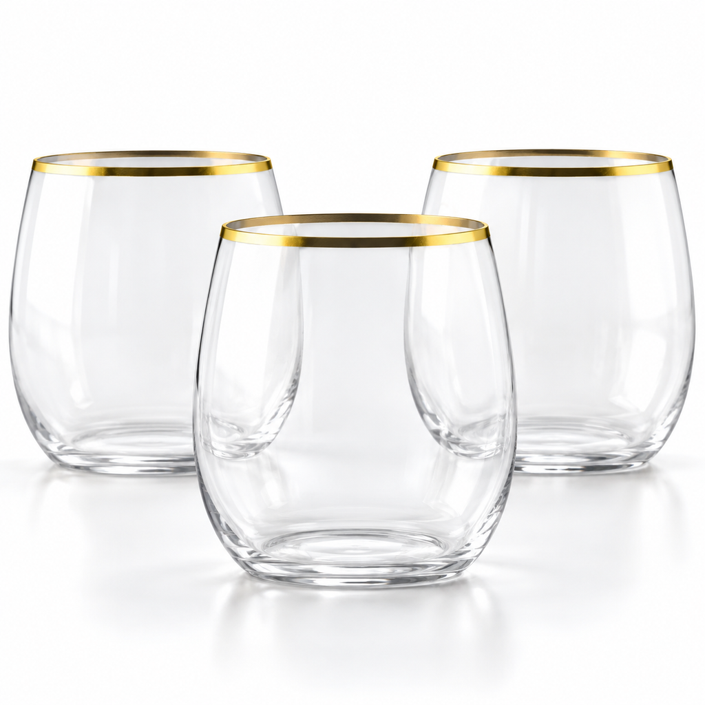 Three empty clear gold-rim stemless cups on a white background; representative samples from the 32-pack.
