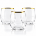 Three empty clear gold-rim stemless cups on a white background; representative samples from the 32-pack.
