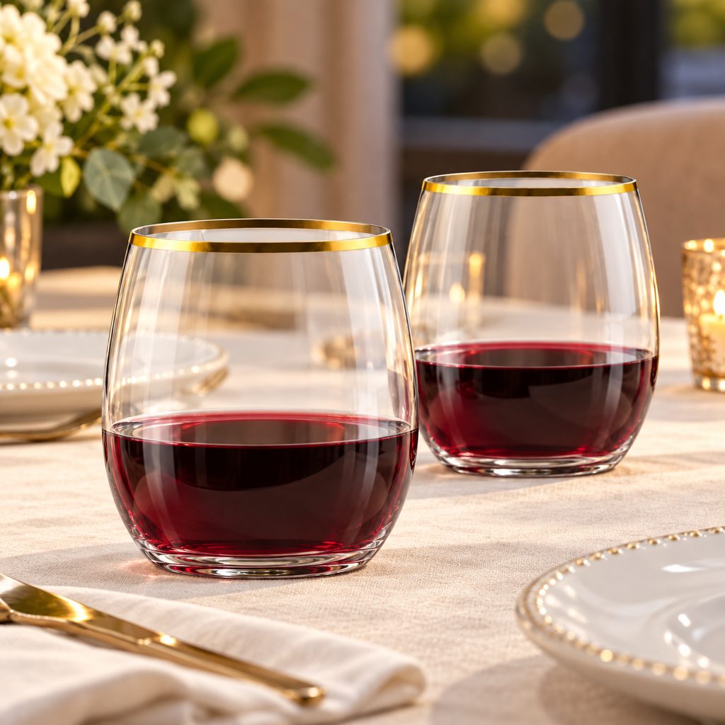 Two gold-rim stemless cups at a dinner setting; drinks and styling props not included.