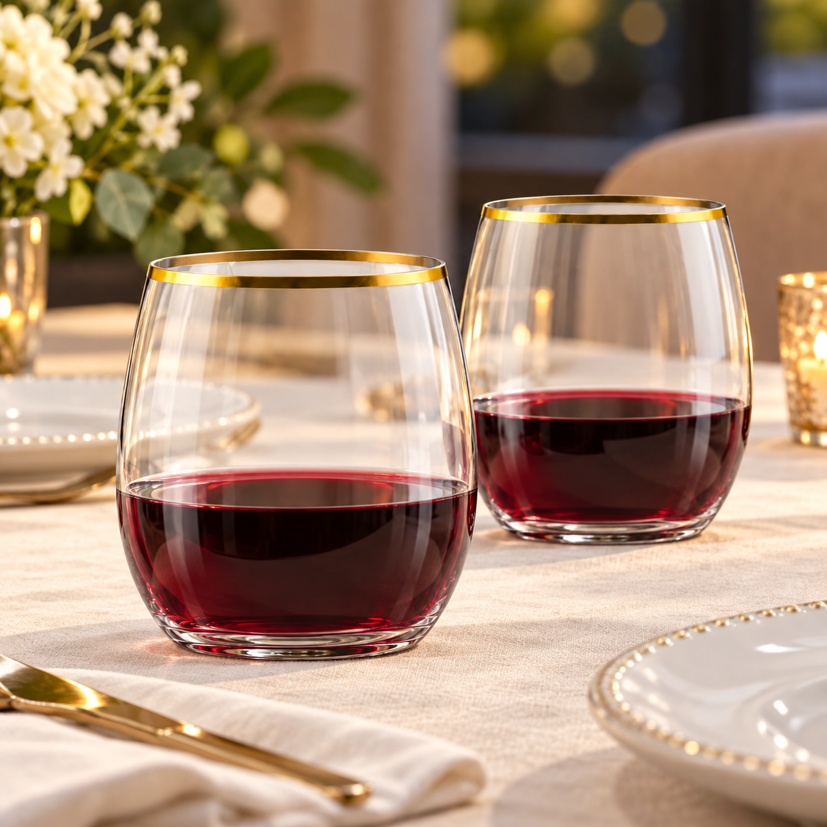 Two gold-rim stemless cups at a dinner setting; drinks and styling props not included.
