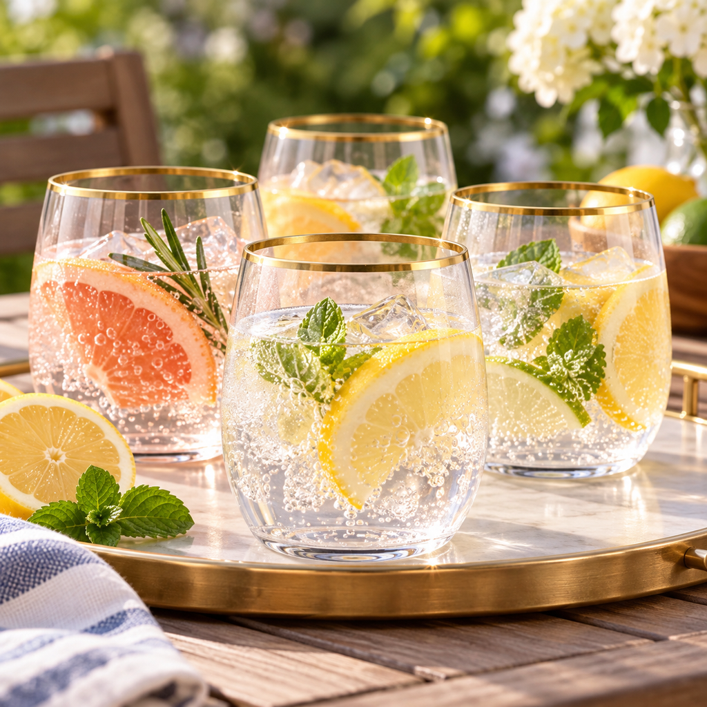 Gold-rim cups on a garden refreshments tray; drinks and styling props not included.