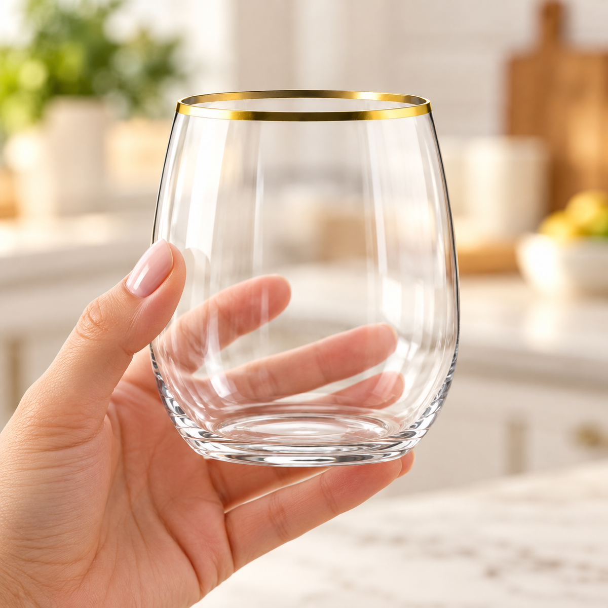 An adult holds one clear gold-rim cup to show its scale.