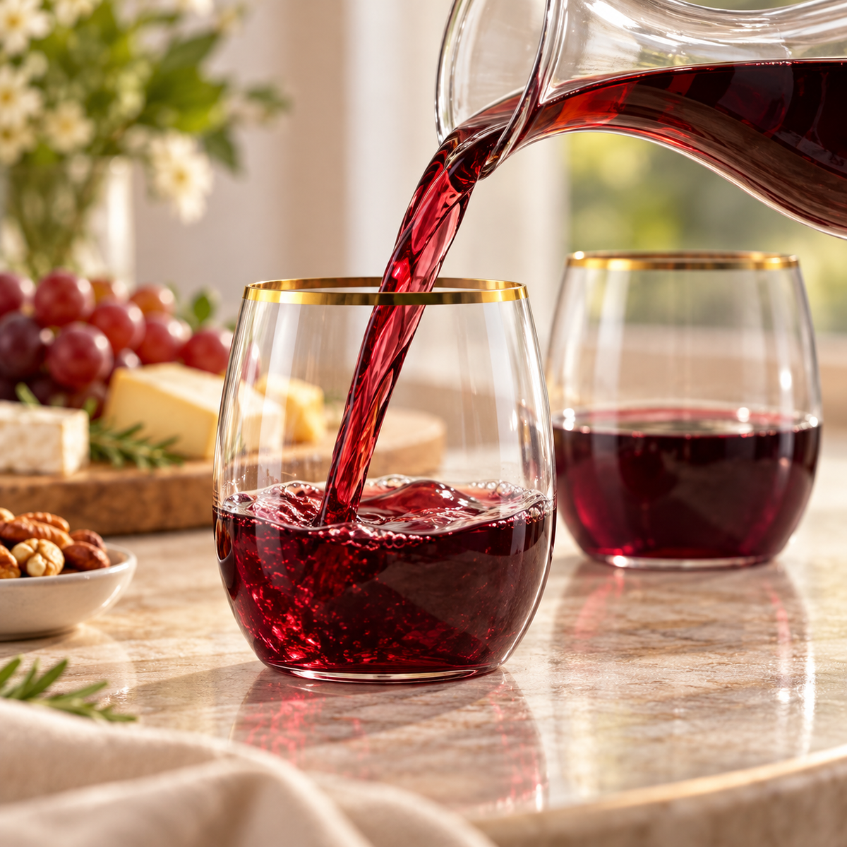 Wine being poured into a gold-rim cup; carafe and drink not included.