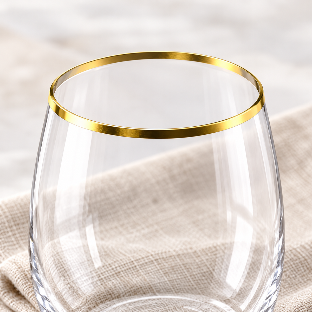 Close detail of the thin gold lip and clear cup wall.