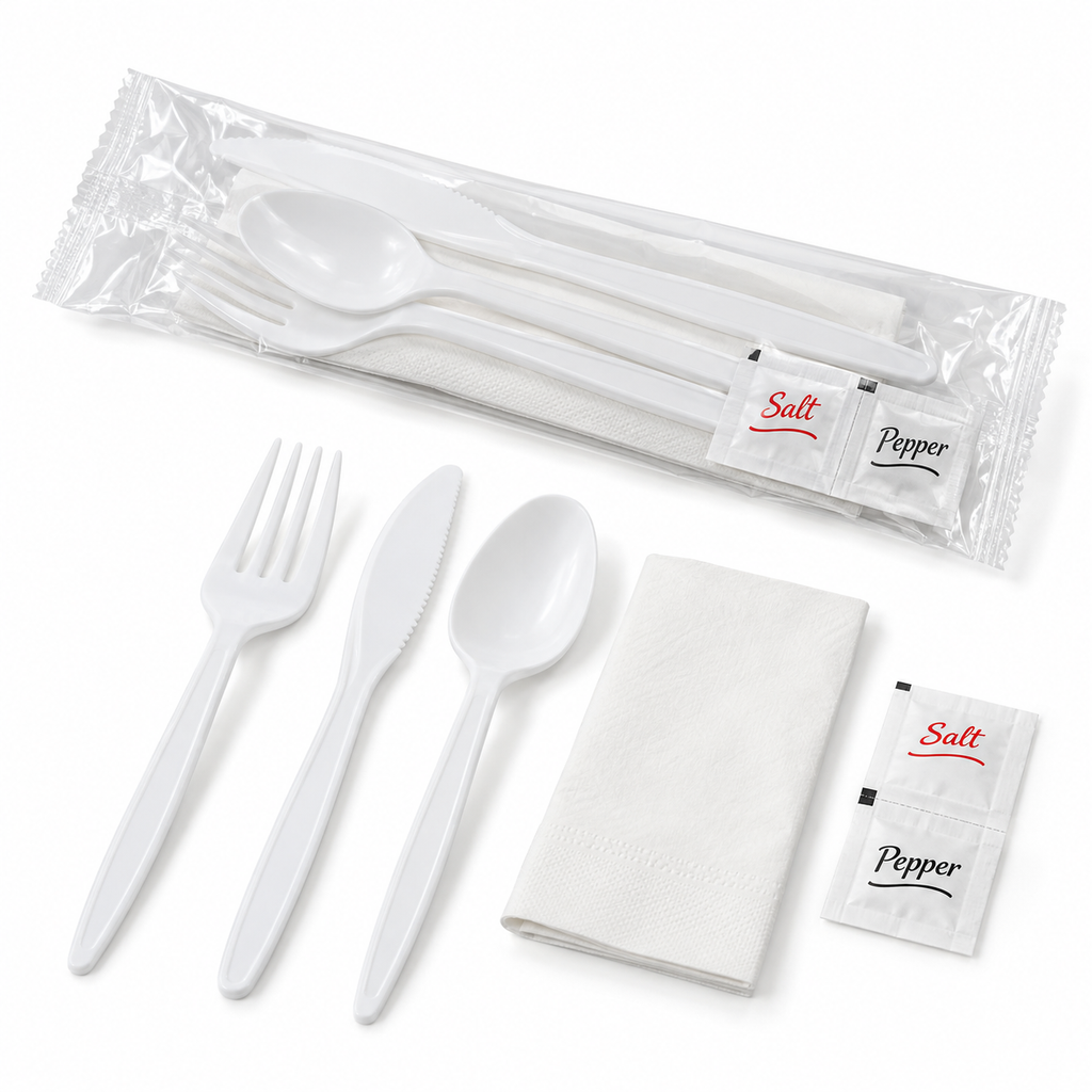 One sealed and one opened white cutlery kit showing included components; representative samples from the 450-kit pack.
