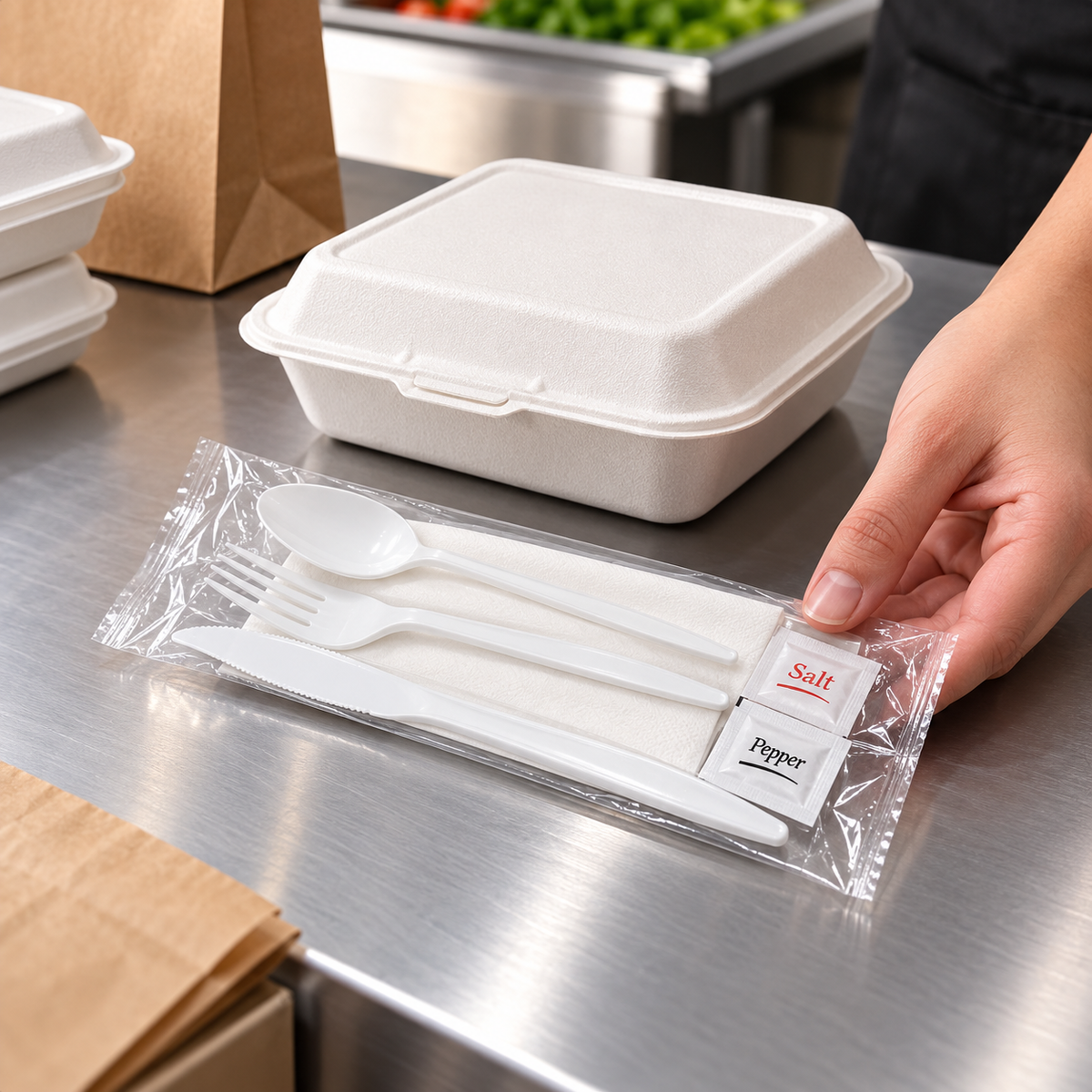 A wrapped cutlery kit placed beside a takeaway container; container not included.