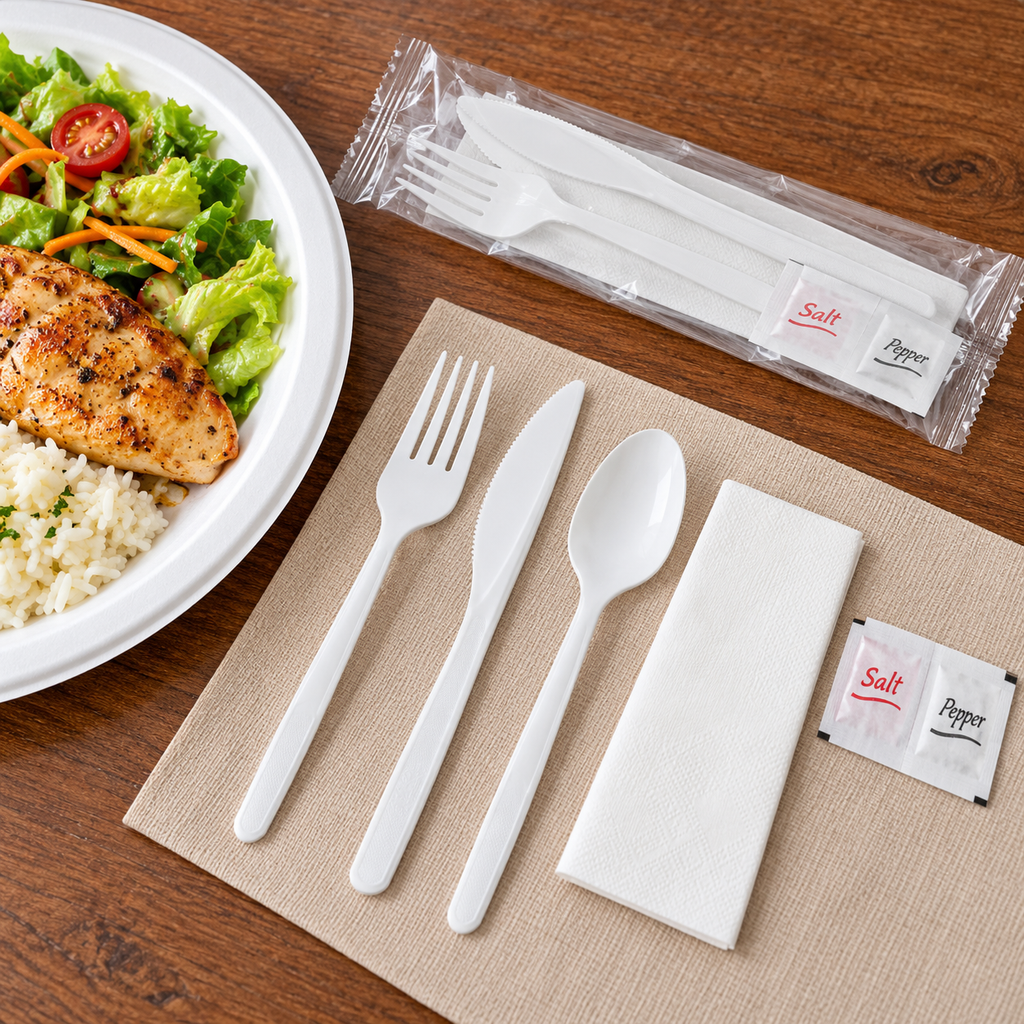 Overhead view of a knife, fork, spoon, napkin and seasoning sachets at a meal setting.