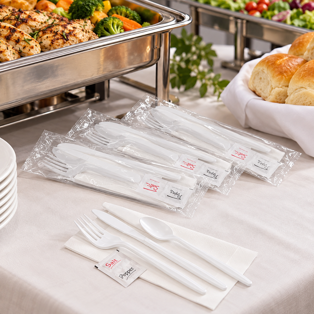 Individually wrapped white cutlery kits arranged at a buffet; food and serving equipment not included.