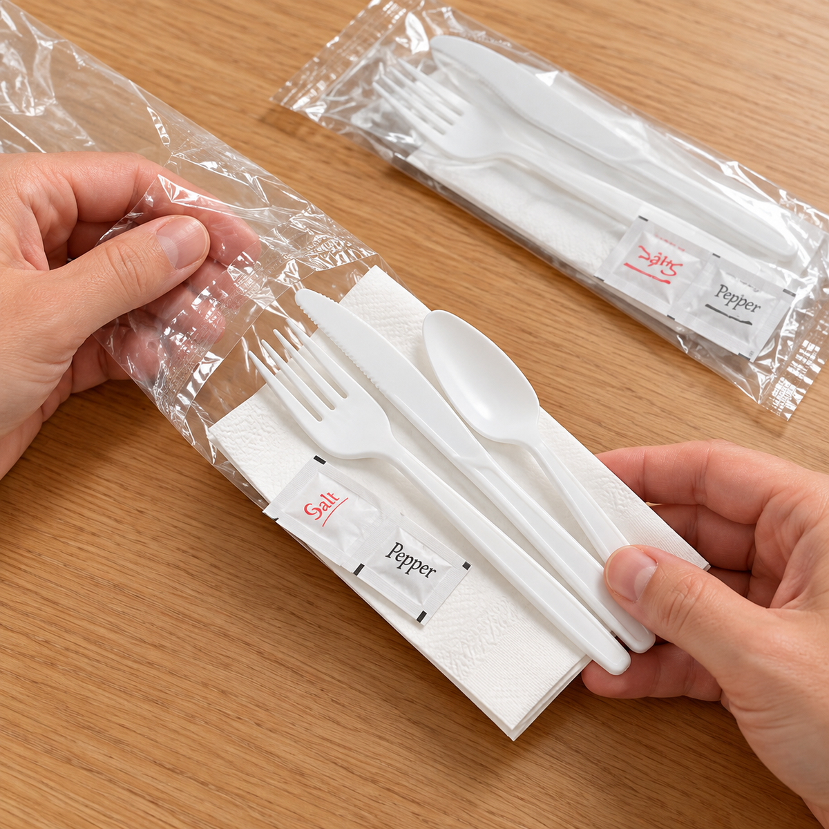 Adult hands slide the white cutlery kit from its clear wrapper.