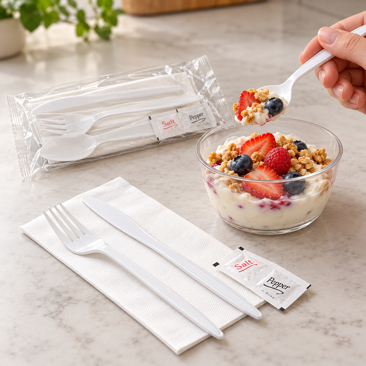 Matching white spoon used at a dessert setting with other kit components visible; food and bowl not included.