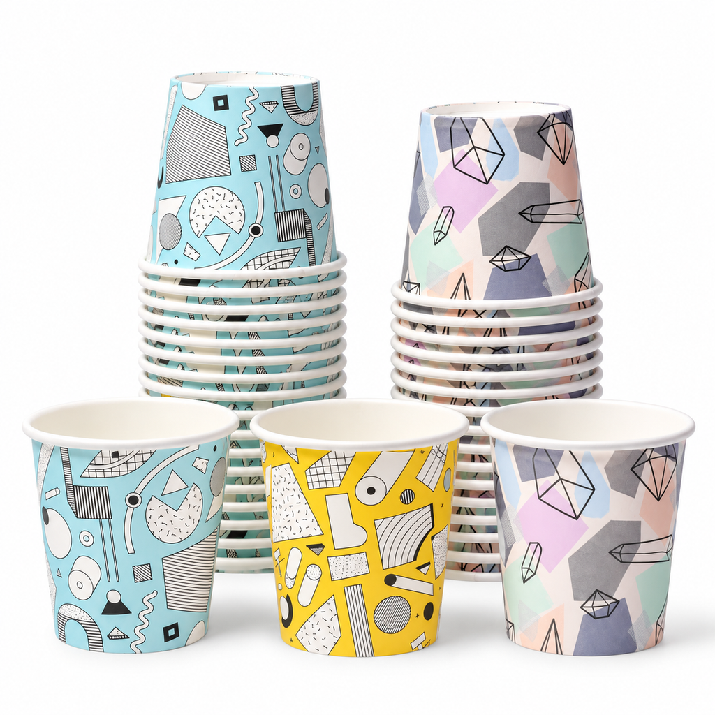 Three geometric mini cups with nested stacks; representative samples from the 300-cup pack.