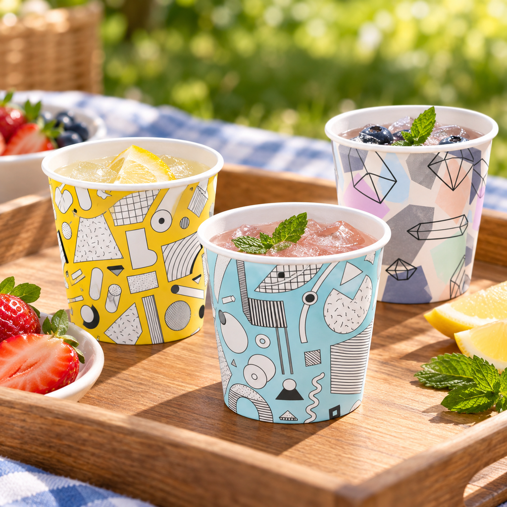 Three mini paper cups used for outdoor drink tasting; drinks and tray are styling props.