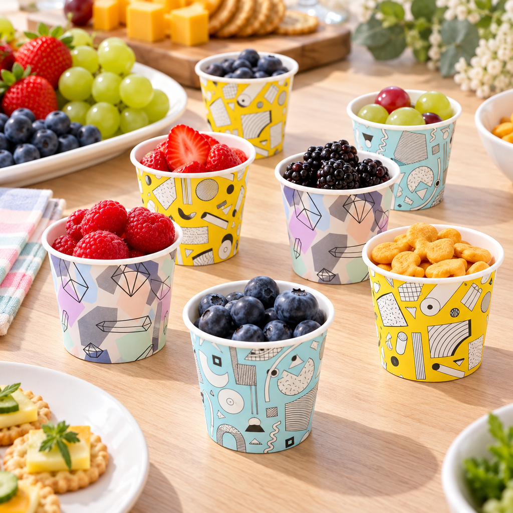 Mini geometric paper cups holding party snacks; food and plates not included.