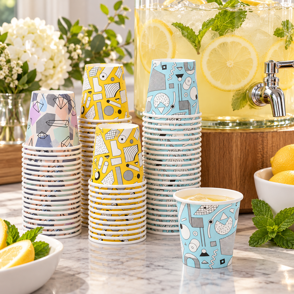 Geometric mini cup stacks at a drinks station; dispenser and drinks not included.