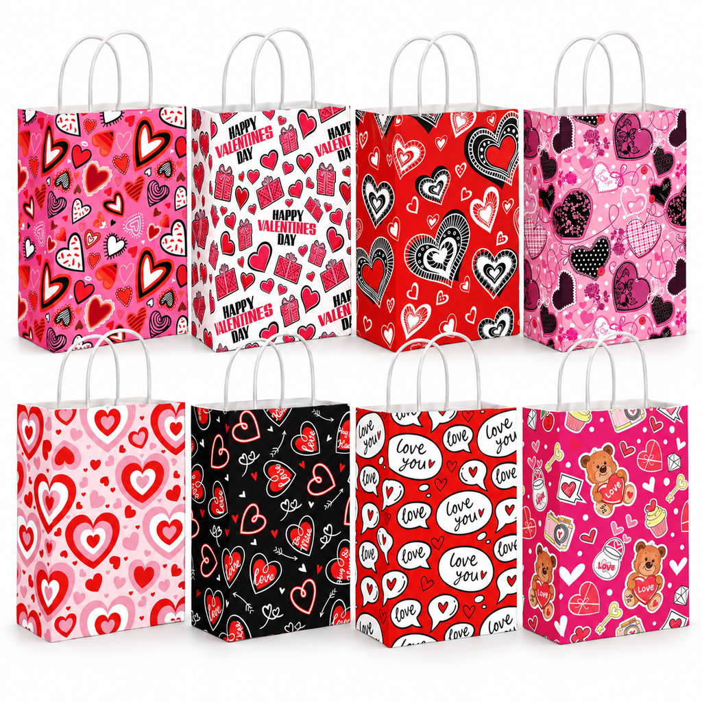 Eight Valentine gift-bag designs on white; one sample of each design from the 32-bag pack.