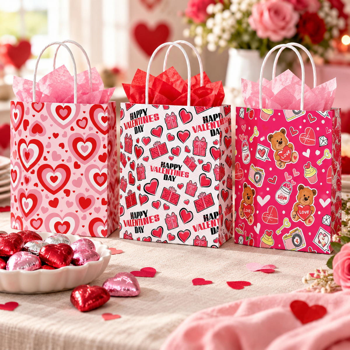 Valentine favor bags at a chocolate station; tissue and decorations are styling props.