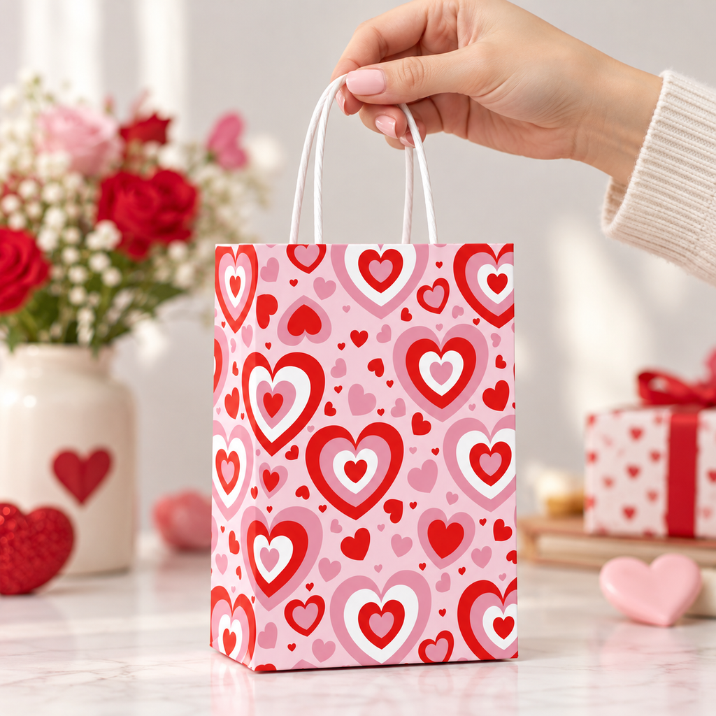 An adult holds a pale-pink heart-print bag by its white handles.