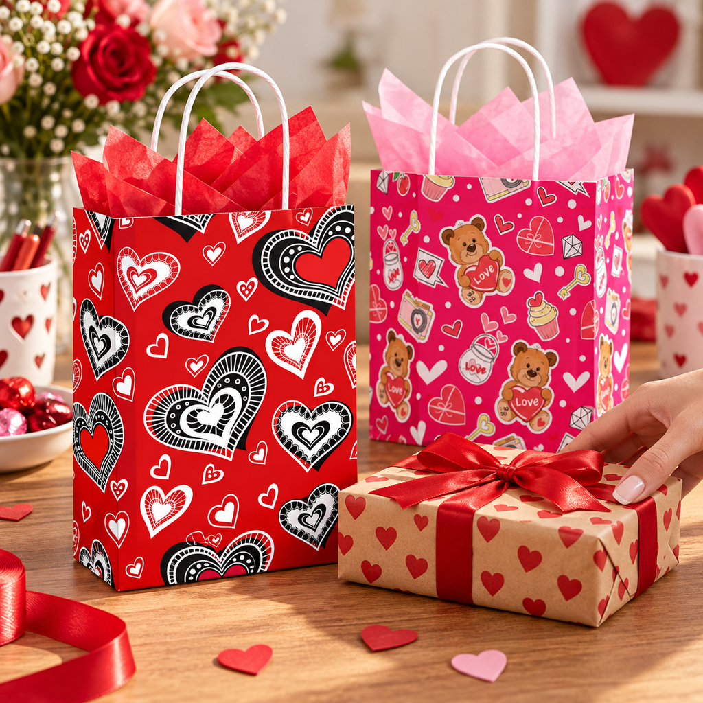 Two Valentine gift bags beside a wrapped present at a packing desk; gifts and tissue not included.