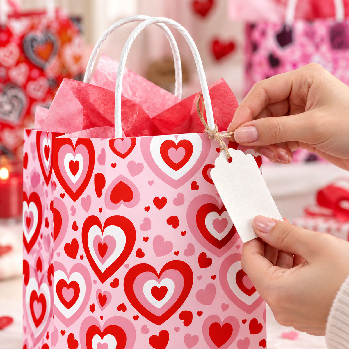 Close detail of white paper handles and heart print while a separate tag is tied on.