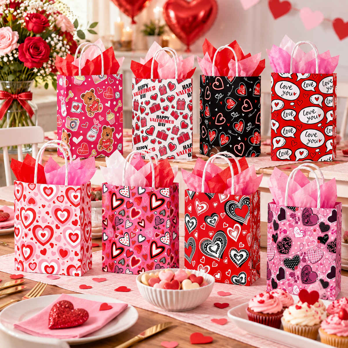 Eight source-pattern favor bags at a celebration table; tissue and table decorations not included.