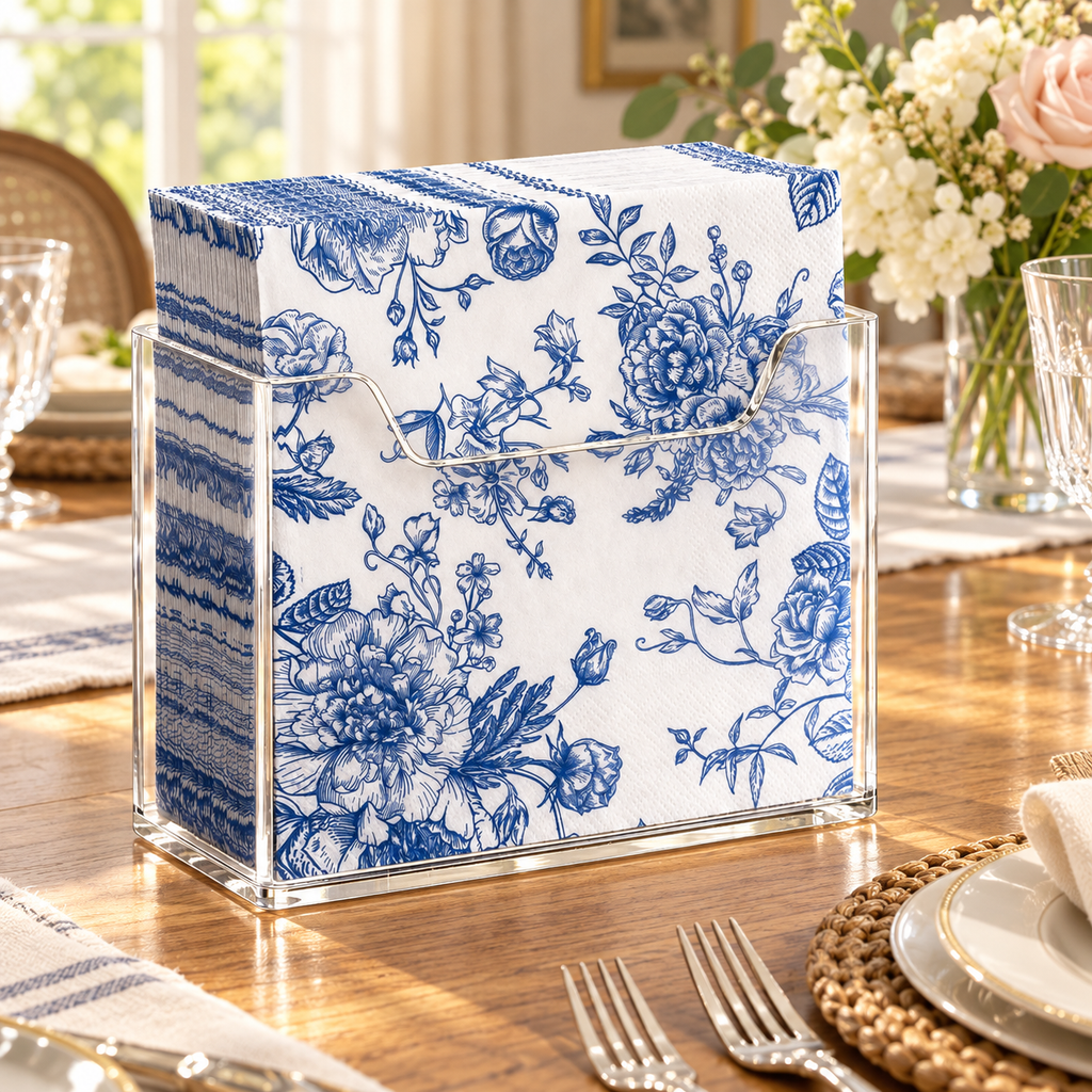 Clear acrylic upright napkin holder on a dining table. Napkins, tableware, food and decor are styling props, not included.