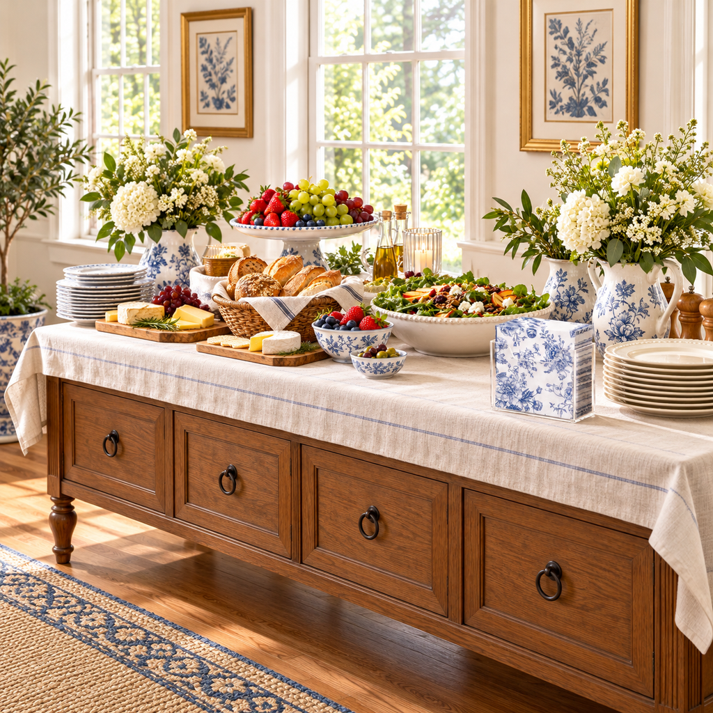 Clear acrylic napkin holder at a buffet serving station. Napkins, tableware, food and decor are styling props, not included.