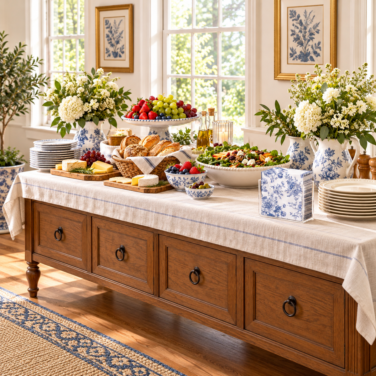 Clear acrylic napkin holder at a buffet serving station. Napkins, tableware, food and decor are styling props, not included.