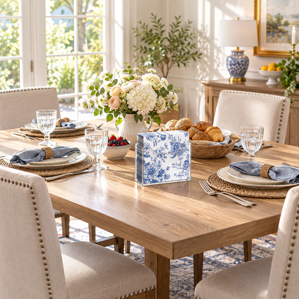 Clear acrylic napkin holder shown on a fully styled dining table. Napkins, tableware, food and decor are styling props, not included.