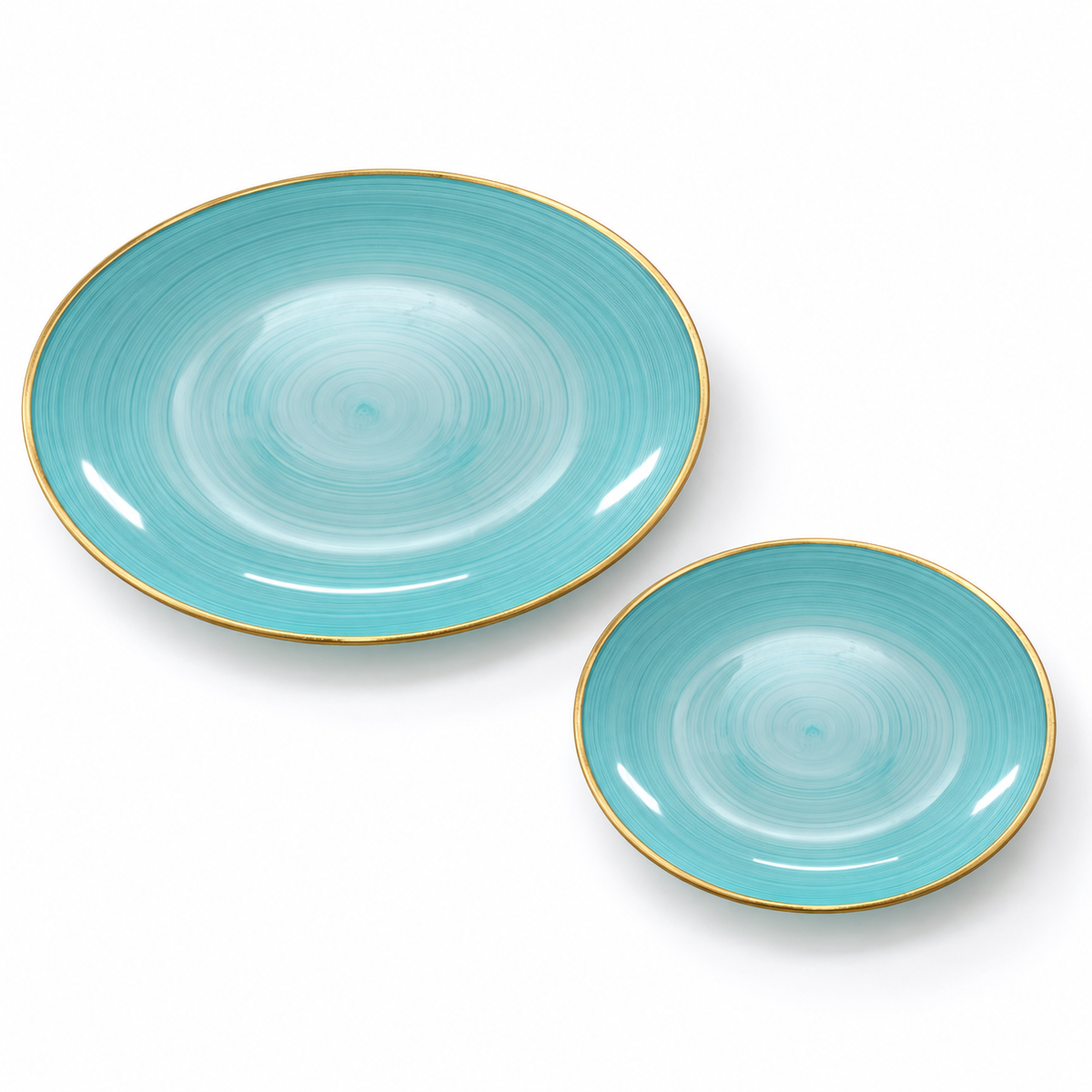 Two aqua and gold-rimmed plastic plate sizes photographed separately on white. Representative samples from the 120-piece plate set.