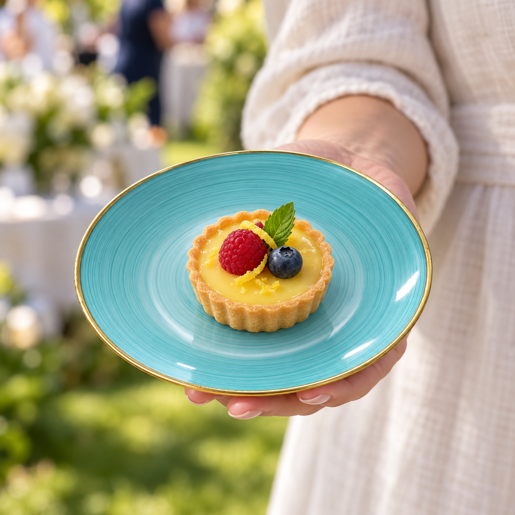 An aqua and gold-rimmed dessert plate held in a hand with a lemon tart. Food and background styling are not included.