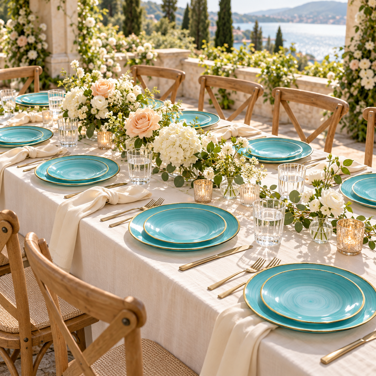 Aqua plastic dinner and dessert plates with thin gold rims on a full wedding table. Flowers, flatware, tumblers and linen are styling props, not included.