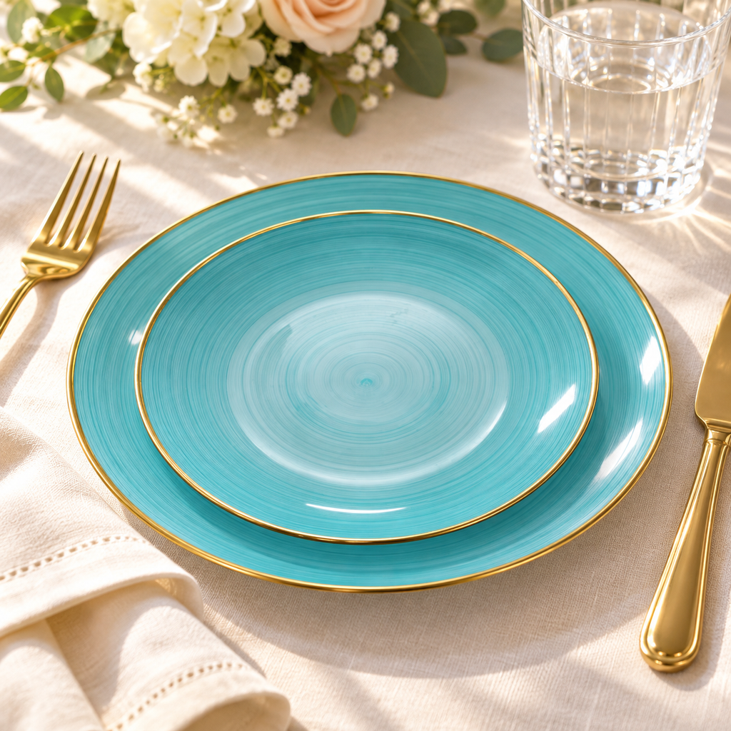 Aqua plastic dinner and dessert plates with thin gold rims in an individual place setting. Flowers, flatware, tumblers and linen are styling props, not included.
