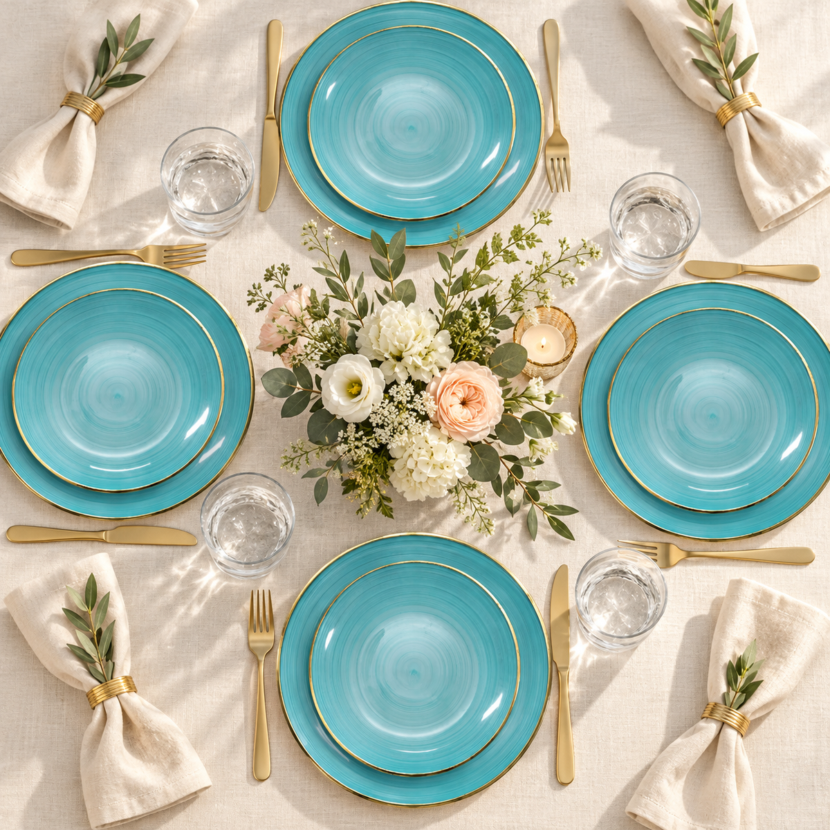 Overhead view of aqua and gold-rimmed plastic plates across a four-guest dining table. Flowers, flatware, tumblers and linen are styling props, not included.