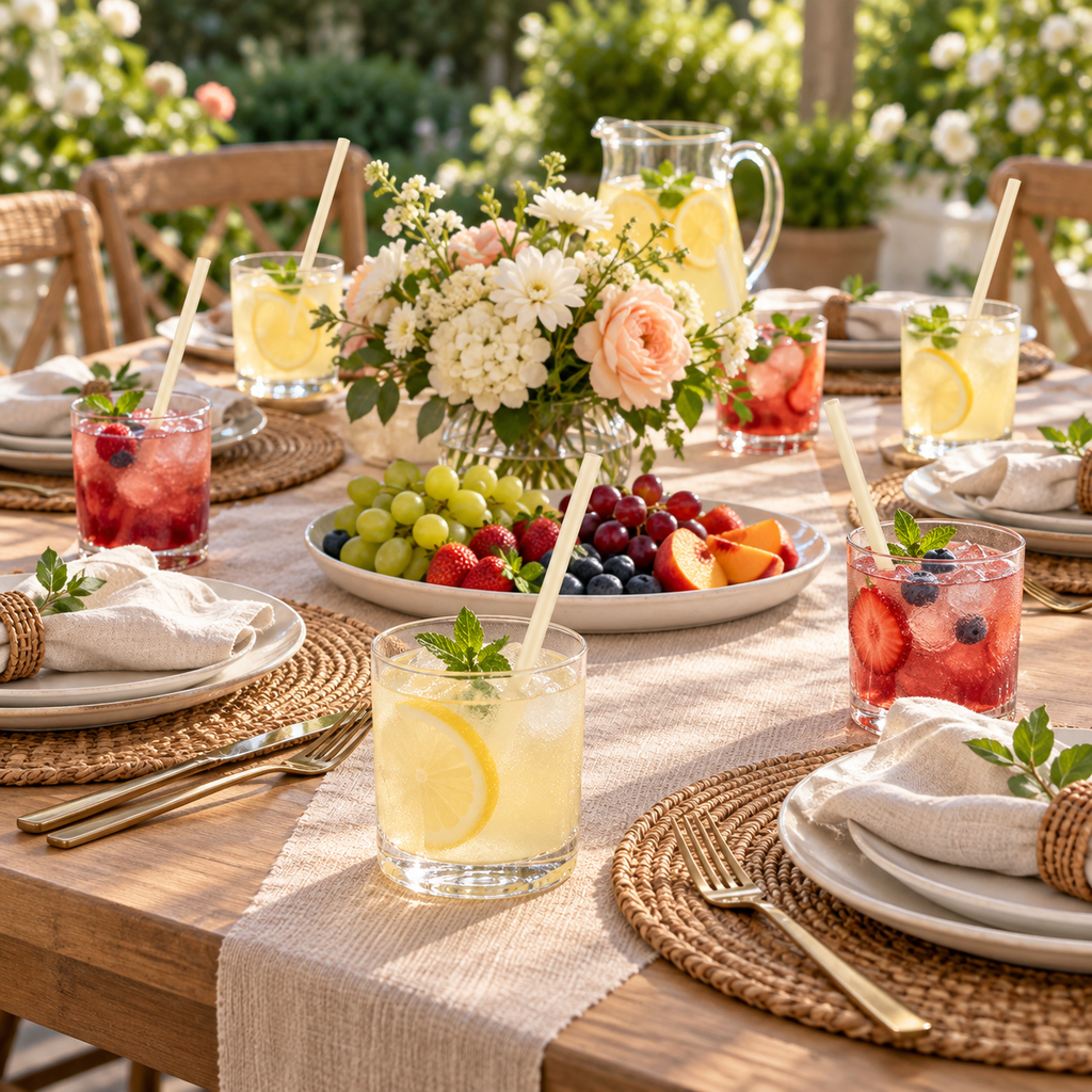 Ivory bamboo-fibre straws in beverages on a full party table. Beverages, glassware and extra decor are styling props, not included.