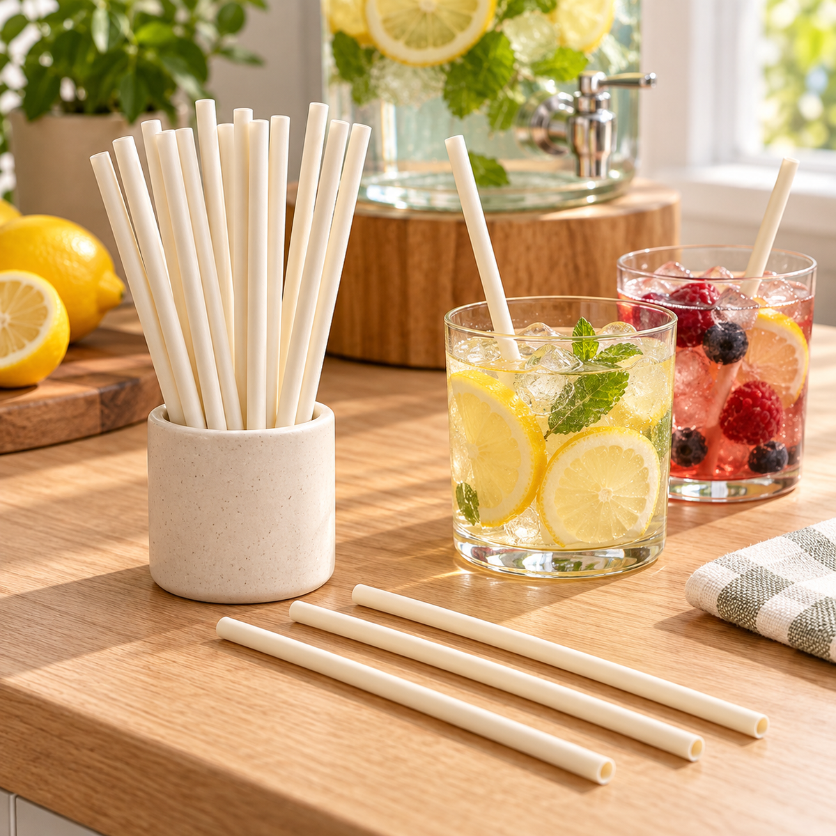 Straight ivory bamboo-fibre straws at a drinks station. Beverages, glassware and extra decor are styling props, not included.